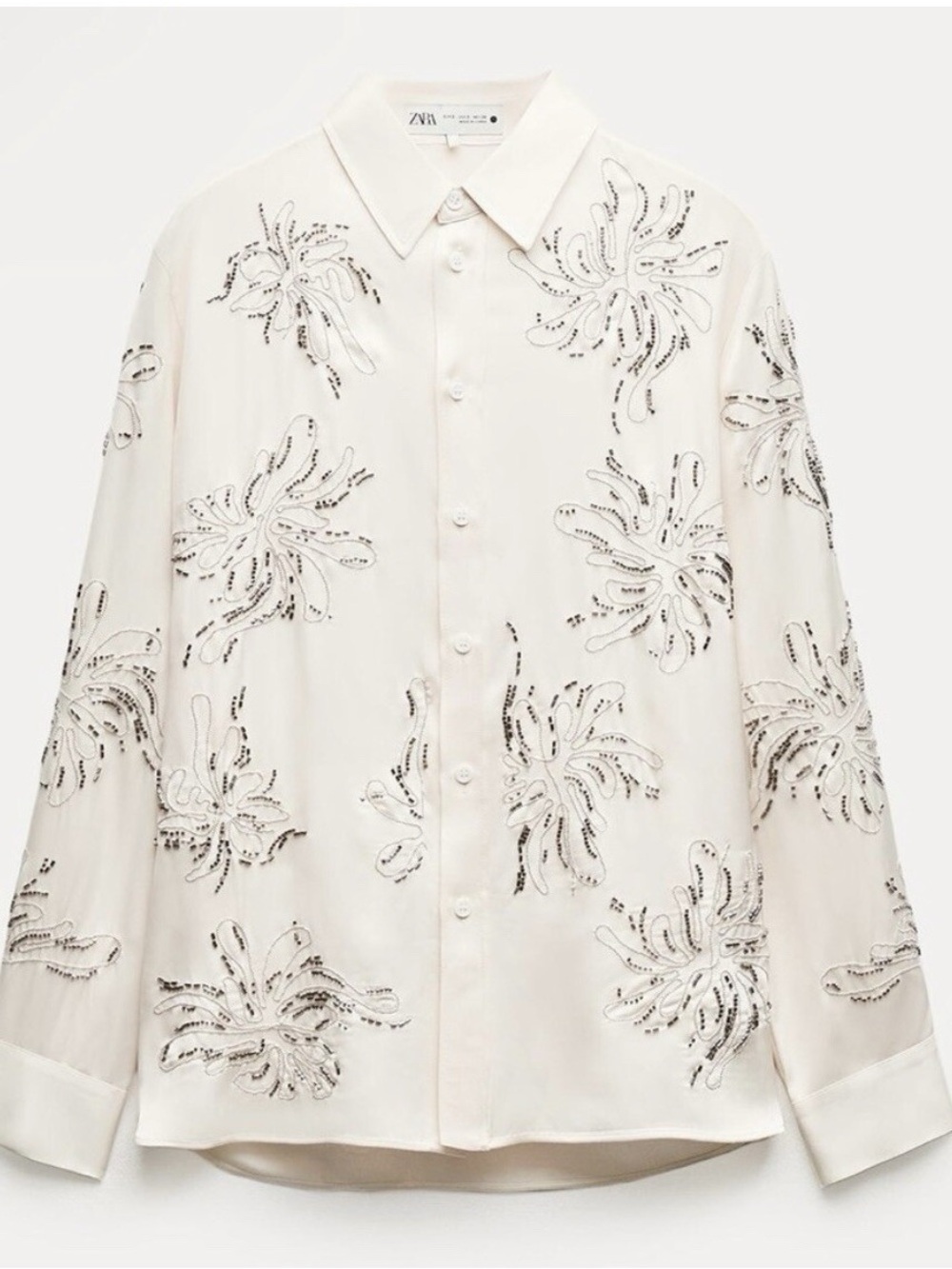 ZARA Embroidered Beaded Floral Button Down Blouse in Cream Silver
